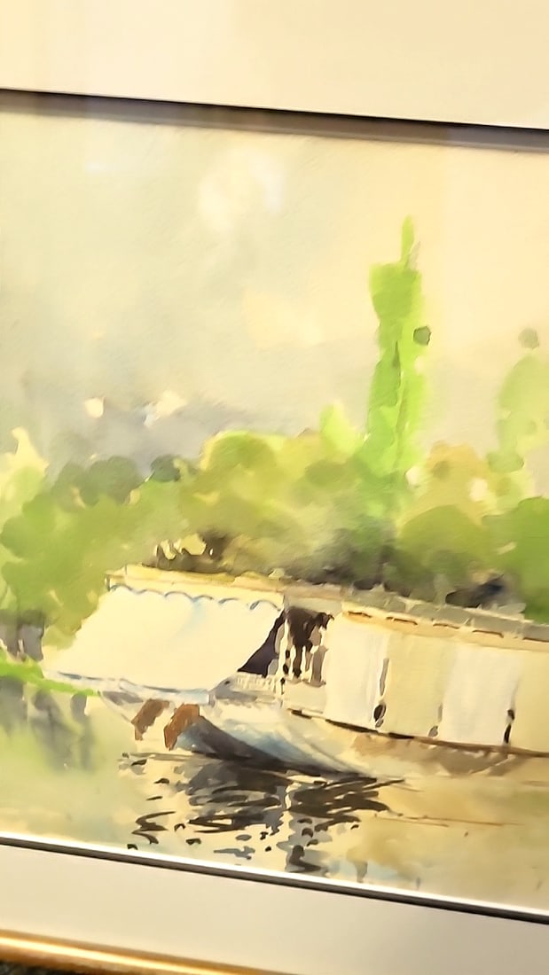 Framed Watercolor Houseboat River Landscape Painting, Signed, Dated 1979, Approx 24 In Wide - 4