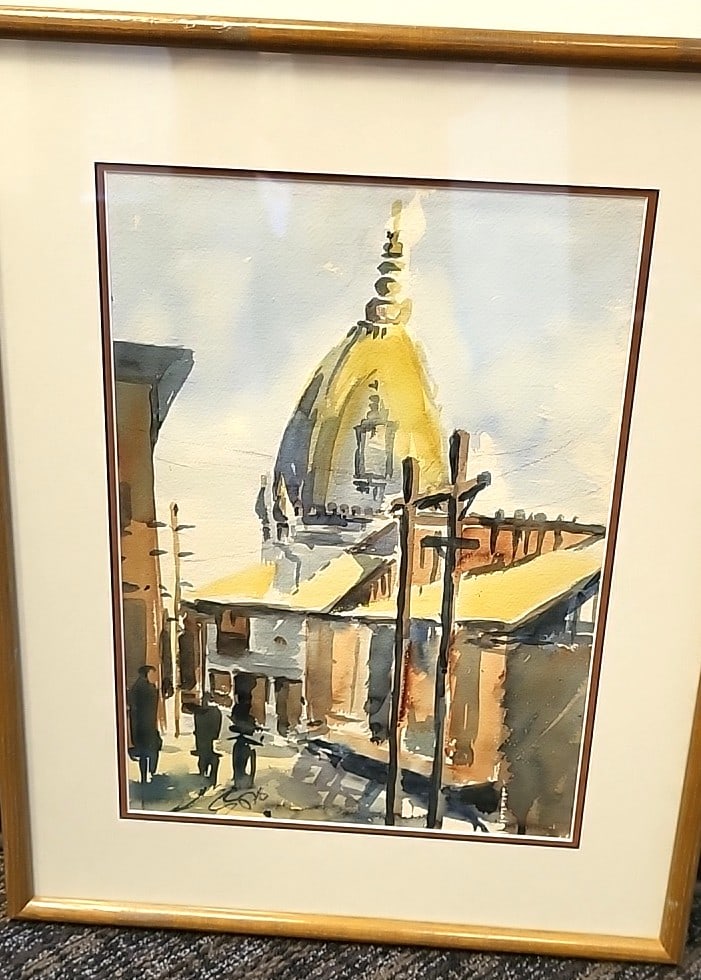 Framed Signed Watercolor Painting Of Domed Temple Street Scene Signed: 18x24x2 5 attention – shipping artwork is very expensive. The shipping price shown in the listing is the liveshipping service by liveauctioneers. We offer our own in-house shipping as well which