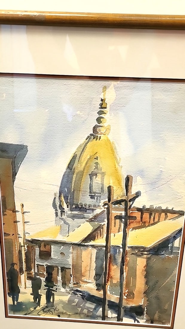 Framed Signed Watercolor Painting Of Domed Temple Street Scene Signed - 2