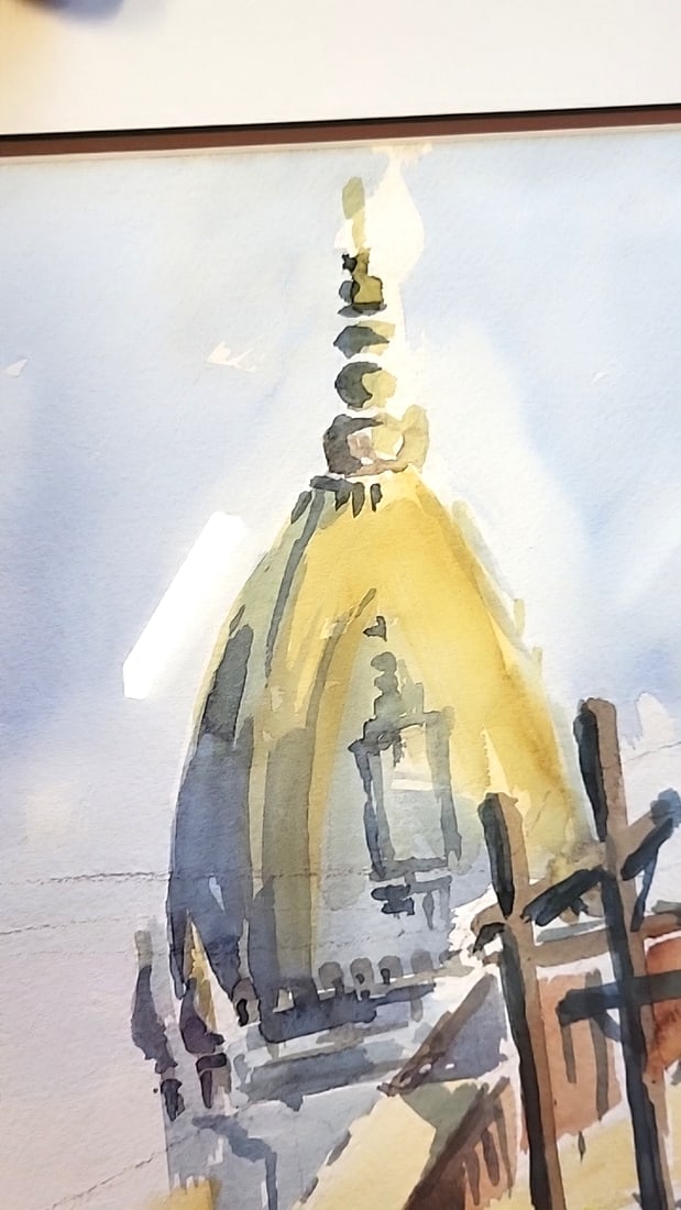 Framed Signed Watercolor Painting Of Domed Temple Street Scene Signed - 3