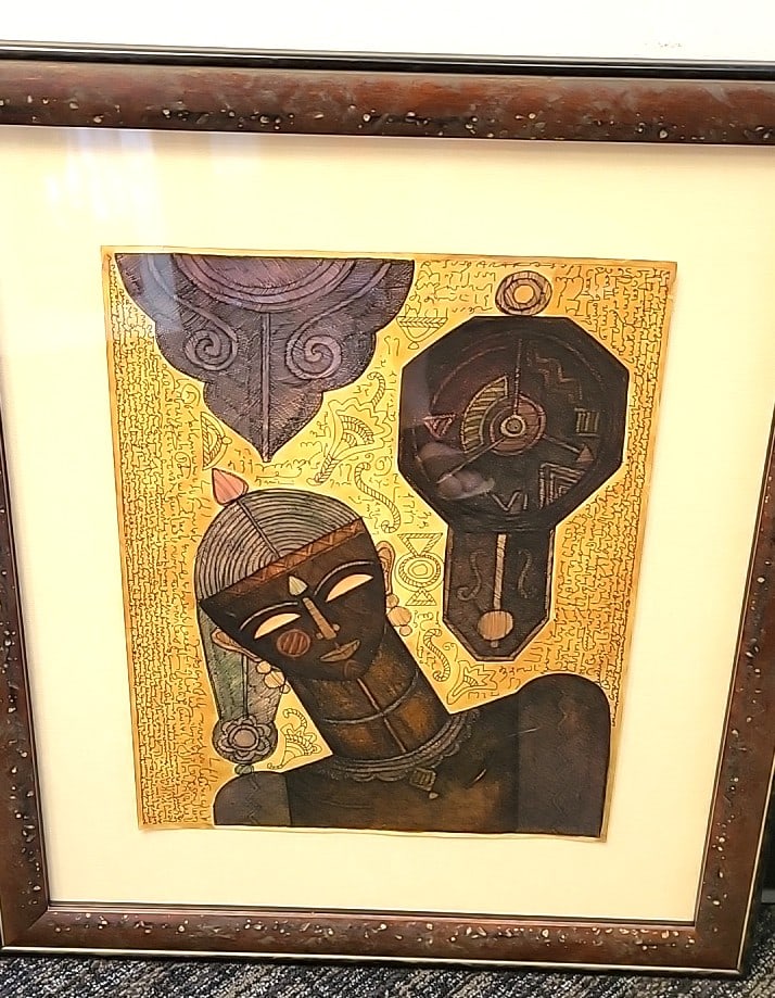Framed Tribal Mask Figure Mixed Media Wall Art, Gold-tone Background: 23x28x3 5 attention – shipping artwork is very expensive. The shipping price shown in the listing is the liveshipping service by liveauctioneers. We offer our own in-house shipping as well which