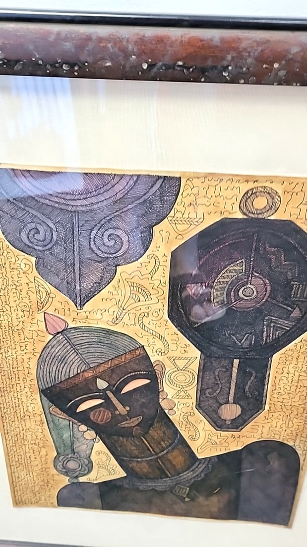Framed Tribal Mask Figure Mixed Media Wall Art, Gold-tone Background - 2