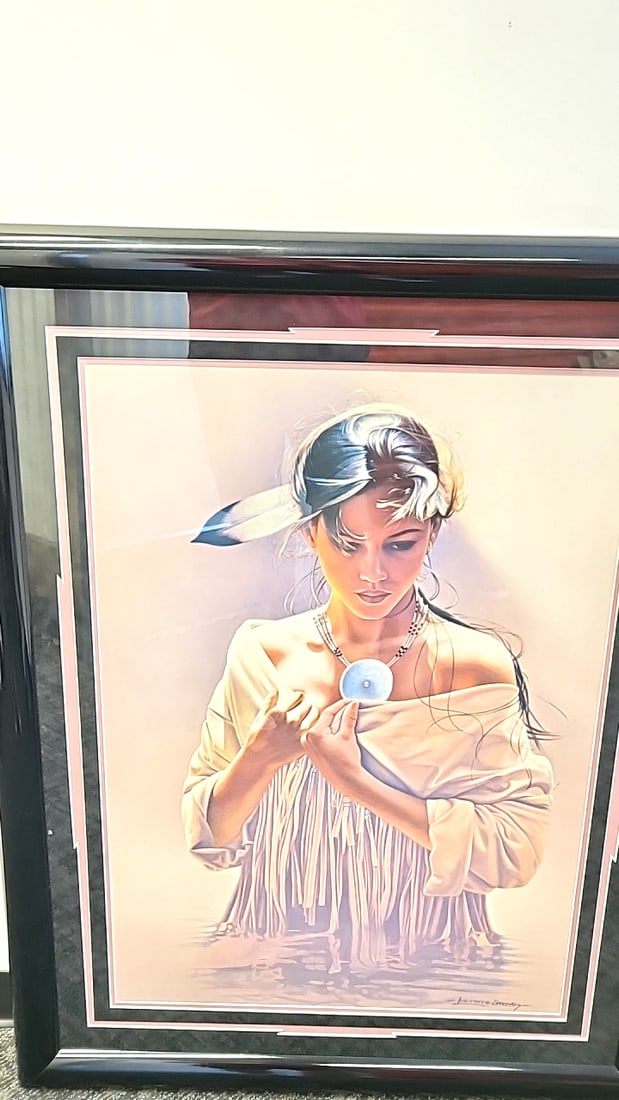 Lawrence Starkey Framed Native American Woman Art Print With Blue Pendant: 34x45x3 12 attention – shipping artwork is very expensive. The shipping price shown in the listing is the liveshipping service by liveauctioneers. We offer our own in-house shipping as well