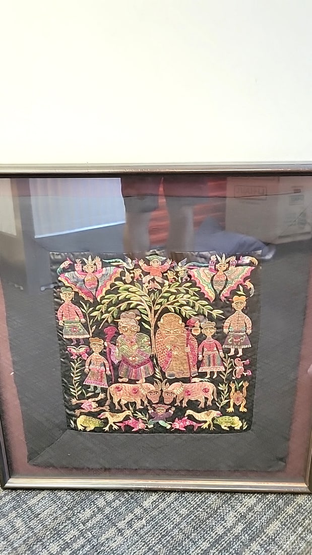 Framed Embroidered Textile Panel With Folk Art Figures, Animals And Tree On Black Fabric: 34x34x3 10 attention – shipping artwork is very expensive. The shipping price shown in the listing is the liveshipping service by liveauctioneers. We offer our own in-house shipping as well