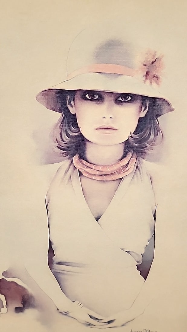 Pair Of Sara Moon Female Portrait Prints, Hat & Floral Dress Pastel Wall Art - 2