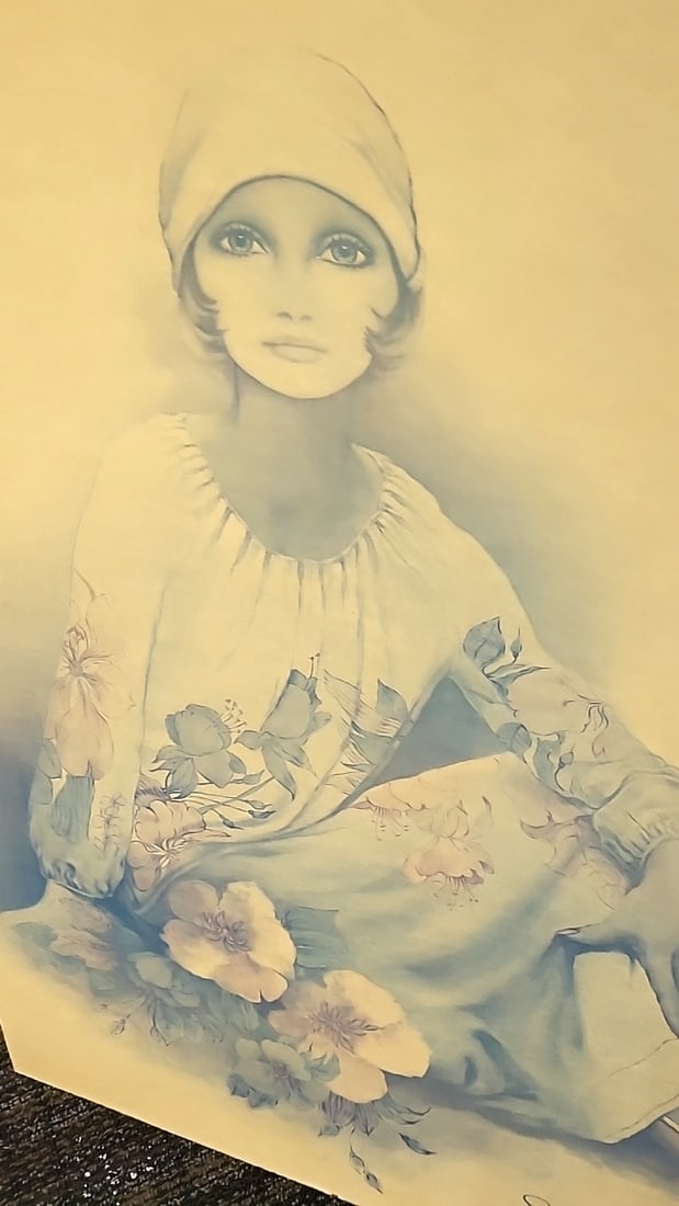 Pair Of Sara Moon Female Portrait Prints, Hat & Floral Dress Pastel Wall Art - 3