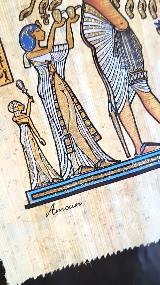 Pair Of Framed Egyptian Papyrus Art Prints Signed Amour Gold-tone Frames - 4