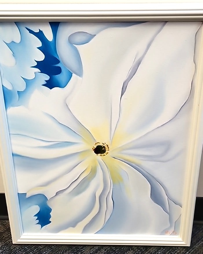 Signed Nitu '95 Framed Floral Canvas Painting White Flower Blue Accents: 20x26x3 5 attention – shipping artwork is very expensive. The shipping price shown in the listing is the liveshipping service by liveauctioneers. We offer our own in-house shipping as well