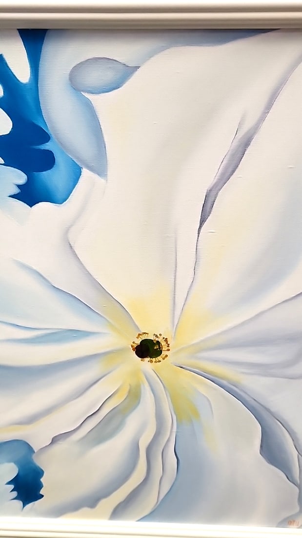 Signed Nitu '95 Framed Floral Canvas Painting White Flower Blue Accents - 2