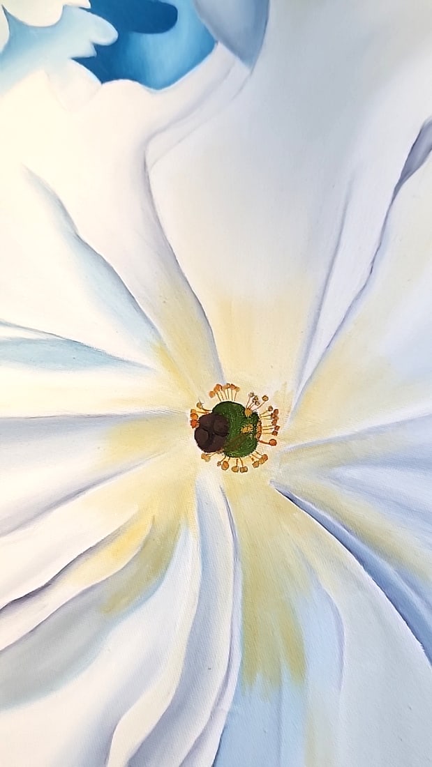 Signed Nitu '95 Framed Floral Canvas Painting White Flower Blue Accents - 4