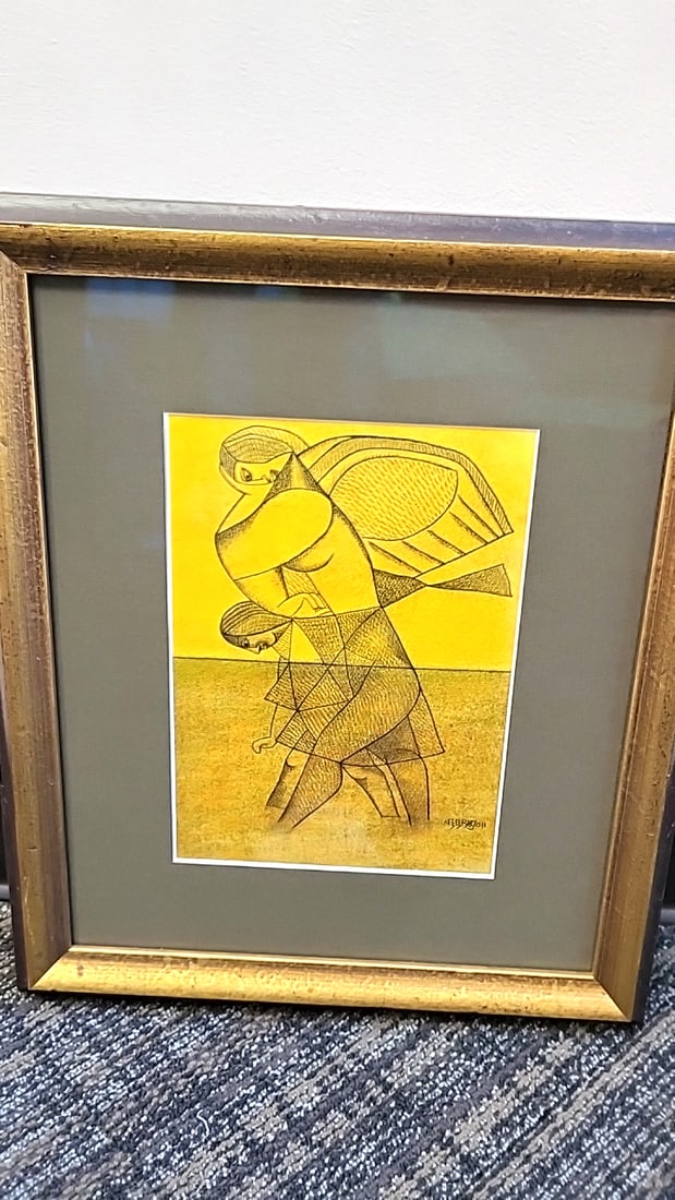 Signed 2011 Abstract Cubist Figurative Artwork, Yellow Tones, Gold Frame: 16x20x2 5 attention – shipping artwork is very expensive. The shipping price shown in the listing is the liveshipping service by liveauctioneers. We offer our own in-house shipping as well