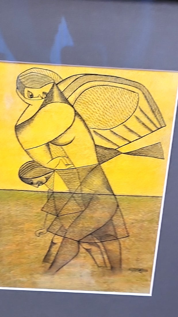 Signed 2011 Abstract Cubist Figurative Artwork, Yellow Tones, Gold Frame - 2