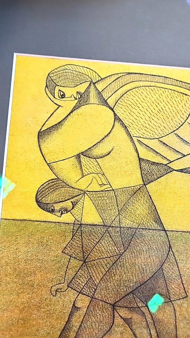 Signed 2011 Abstract Cubist Figurative Artwork, Yellow Tones, Gold Frame - 4