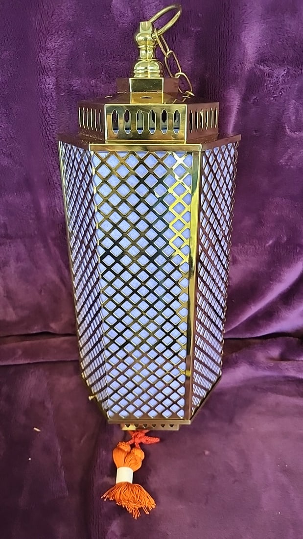 Brass Hanging Lantern with Chain and Orange Tassel, Code 3323, Made in Japan: 7 x 18 x 7 3 lb Low Estimate: 15.00 High Estimate: 45.00