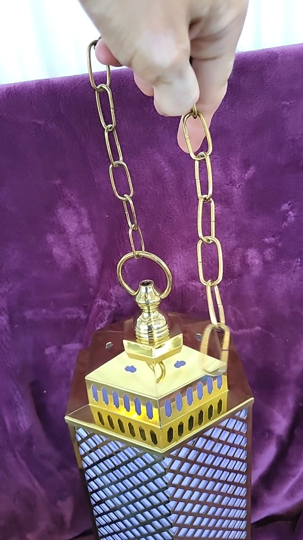 Brass Hanging Lantern with Chain and Orange Tassel, Code 3323, Made in Japan - 3