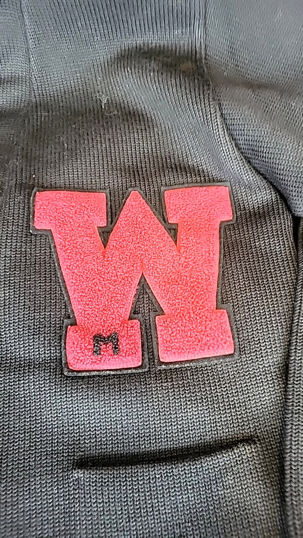 Registered Letterman's Sweater Black Knit Varsity Cardigan Red W Chenille Patch - 3