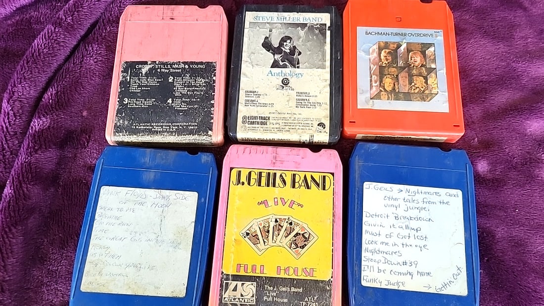 Lot of 6 8-Track Tapes Pink Floyd CSNY Steve Miller Band BTO J. Geils Band: 5.3 x 4.8 x 4.0 1.5 lb Low Estimate: 20.00 High Estimate: 55.00