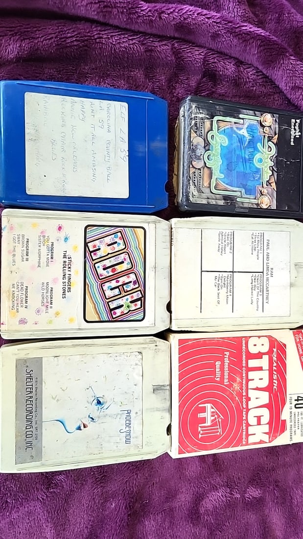 Lot of 6 8-Track Tapes: McCartney Ram, Rolling Stones Sticky Fingers, Phoebe Snow, Realistic: 5.25 x 4.8 x 4 1.5 lb Low Estimate: 18.00 High Estimate: 65.00