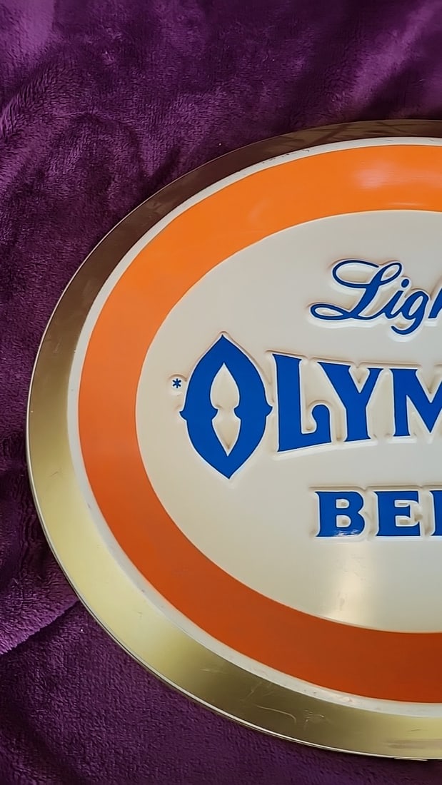 Olympia Light Beer Oval Plastic Wall Sign Orange Gold Trim - 2