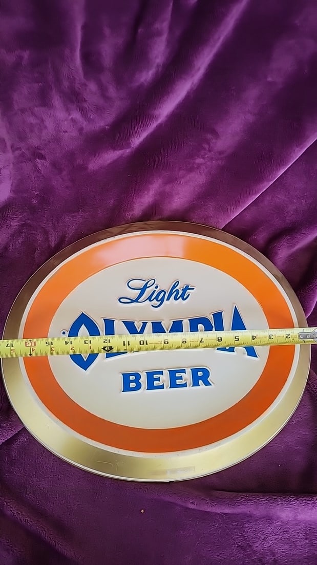 Olympia Light Beer Oval Plastic Wall Sign Orange Gold Trim - 4