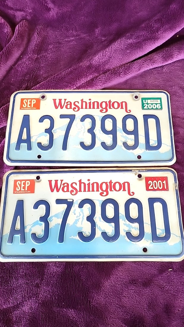Washington State License Plate Pair A37399D Mount Rainier 2001/2006 Tabs: 12 x 12 x 0.1 0.5 lb Low Estimate: 10.00 High Estimate: 35.00