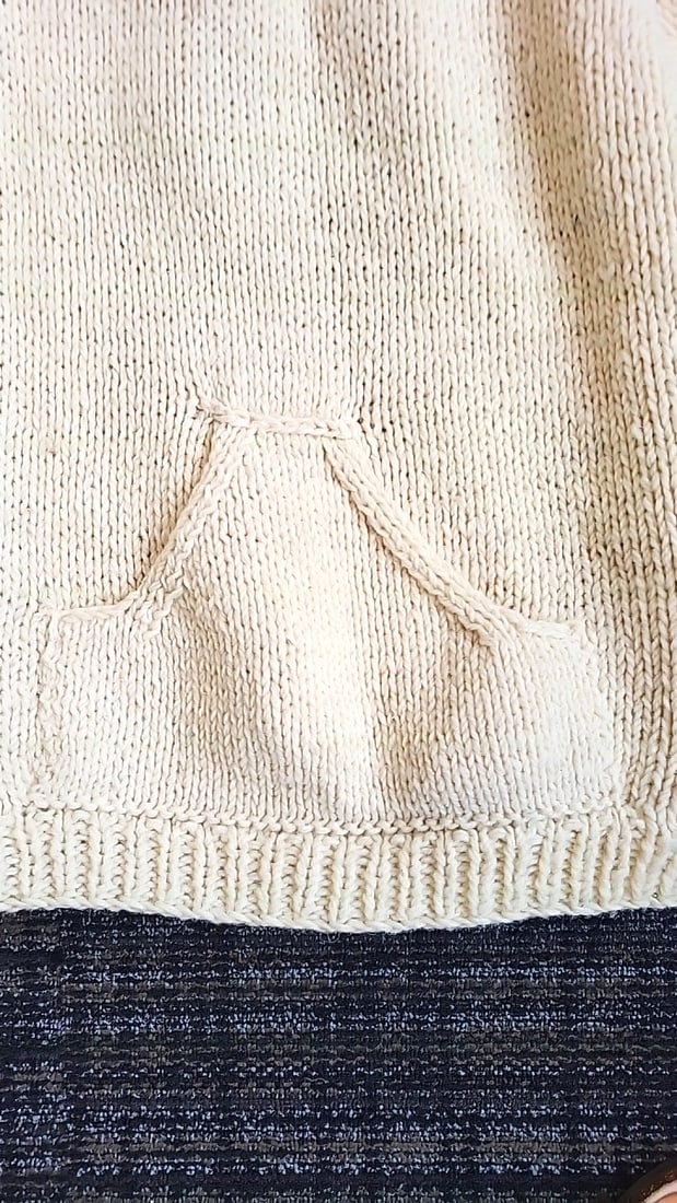 Cream Hand Knit Pullover Sweater with Kangaroo Pocket and Raglan Sleeves - 2