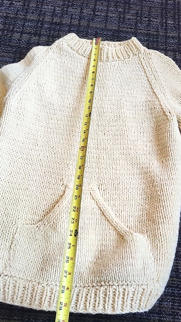 Cream Hand Knit Pullover Sweater with Kangaroo Pocket and Raglan Sleeves - 6