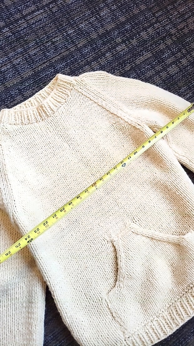 Cream Hand Knit Pullover Sweater with Kangaroo Pocket and Raglan Sleeves - 7