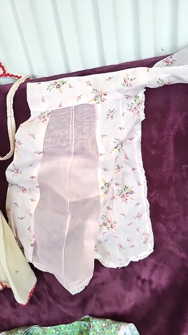 Lot of 3 Floral Aprons: Cream Leaf Applique, Sheer White, Green Print - 3