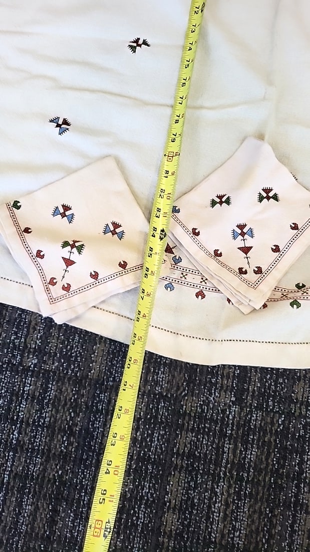 Cream Embroidered Table cloth with 2 Napkins Geometric Folk Pattern - 7