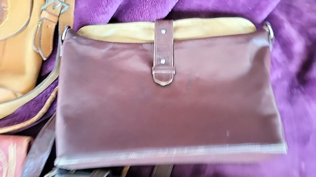 Lot of 4 Leather Shoulder Handbags, Tan Tooled, Red Embroidered, Brown, Olive Green - 4