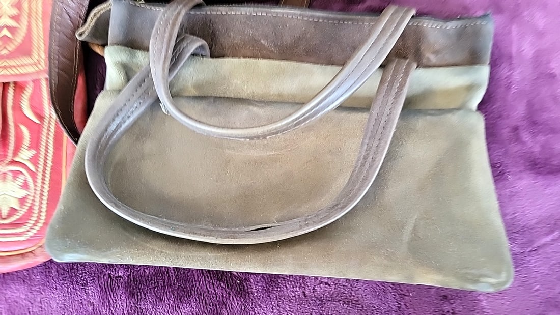 Lot of 4 Leather Shoulder Handbags, Tan Tooled, Red Embroidered, Brown, Olive Green - 5