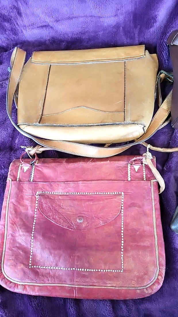 Lot of 4 Leather Shoulder Handbags, Tan Tooled, Red Embroidered, Brown, Olive Green - 6