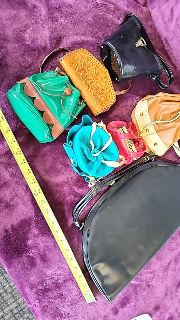 Lot of 7 Handbags, Deer Valley Tooled Leather, Patent Vinyl & Drawstring Purses - 5
