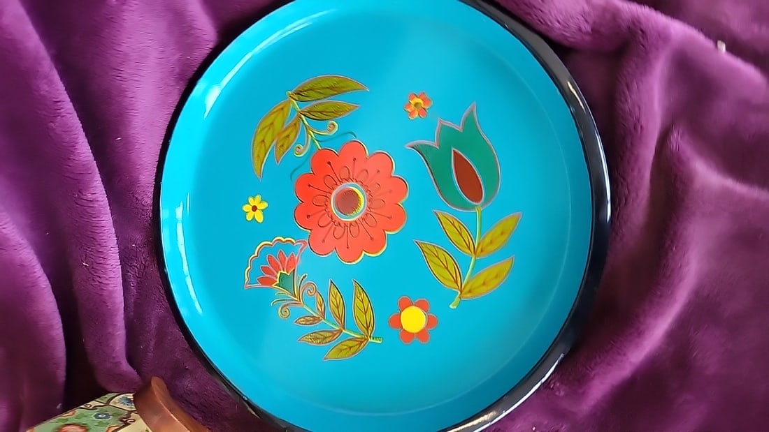 Turquoise Floral Enamel Tray with Brass Park Sherman and Octagonal Floral Lidded Canister - 2
