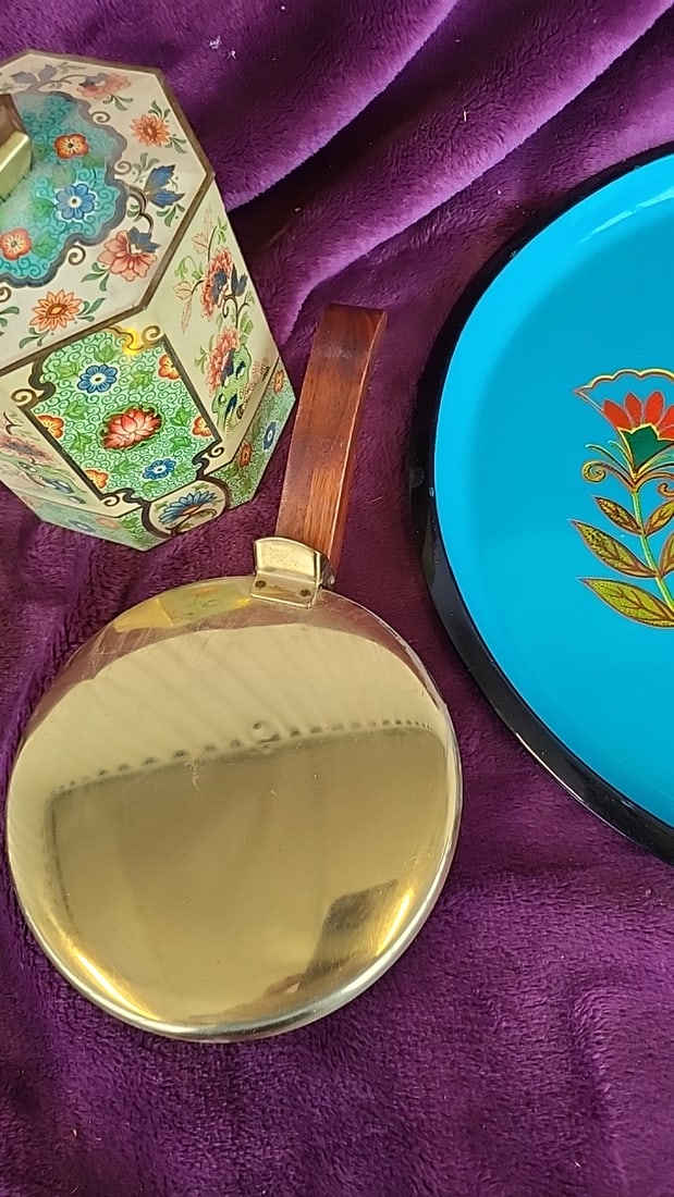 Turquoise Floral Enamel Tray with Brass Park Sherman and Octagonal Floral Lidded Canister - 3