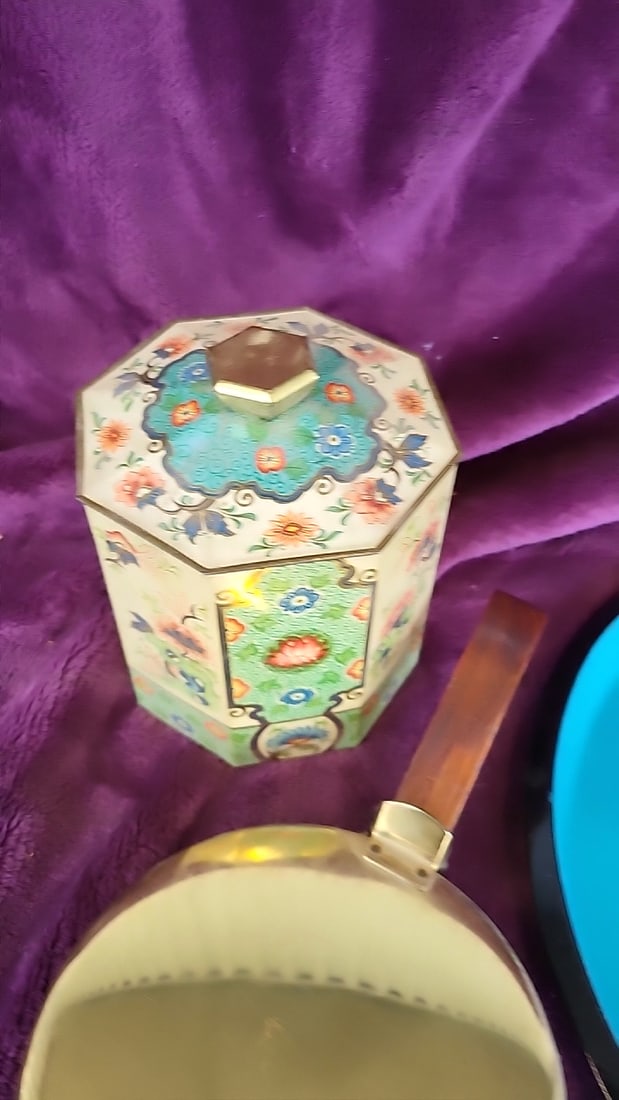 Turquoise Floral Enamel Tray with Brass Park Sherman and Octagonal Floral Lidded Canister - 4