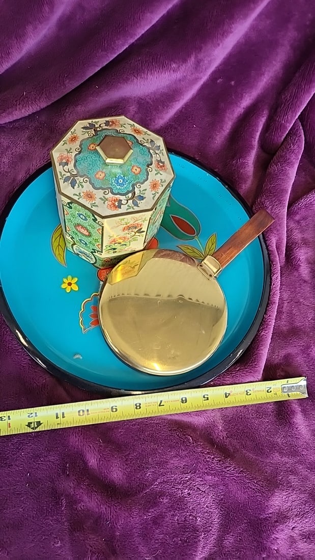 Turquoise Floral Enamel Tray with Brass Park Sherman and Octagonal Floral Lidded Canister - 5