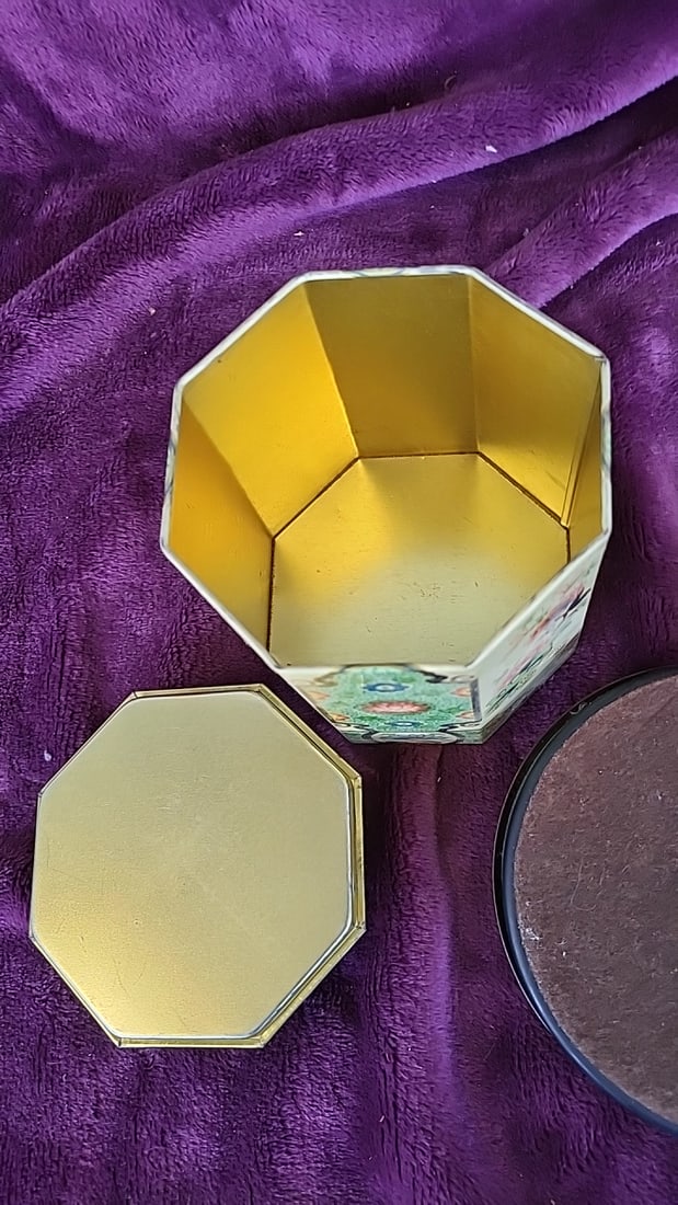 Turquoise Floral Enamel Tray with Brass Park Sherman and Octagonal Floral Lidded Canister - 7