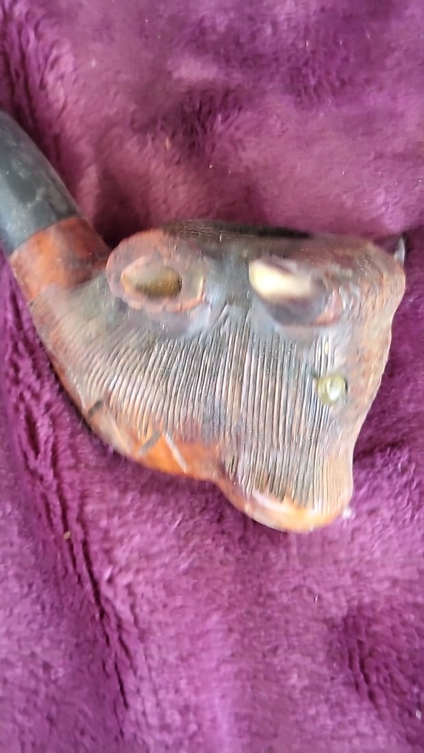 Imported Briar Carved Longhorn Bull Head Tobacco Pipe, Black Bent Stem - 2