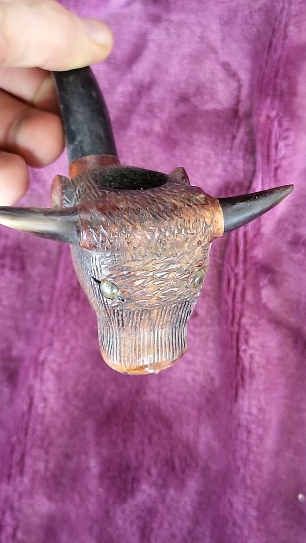 Imported Briar Carved Longhorn Bull Head Tobacco Pipe, Black Bent Stem - 3