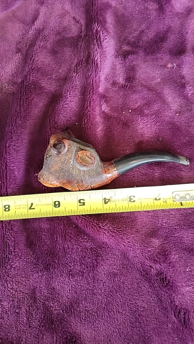 Imported Briar Carved Longhorn Bull Head Tobacco Pipe, Black Bent Stem - 5