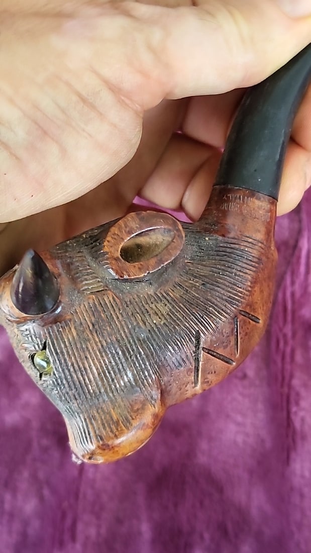 Imported Briar Carved Longhorn Bull Head Tobacco Pipe, Black Bent Stem - 6