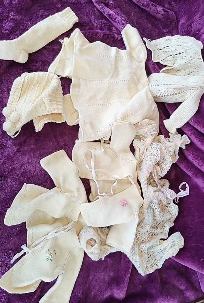 Cream Hand-Knitted Baby Clothes Lot, Cardigans, Bonnets, Booties & Blankets: 6x10x6 2 Low Estimate: 20.00 High Estimate: 65.00