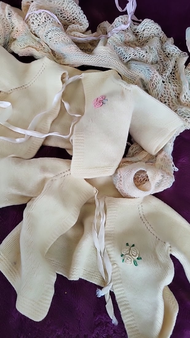 Cream Hand-Knitted Baby Clothes Lot, Cardigans, Bonnets, Booties & Blankets - 5