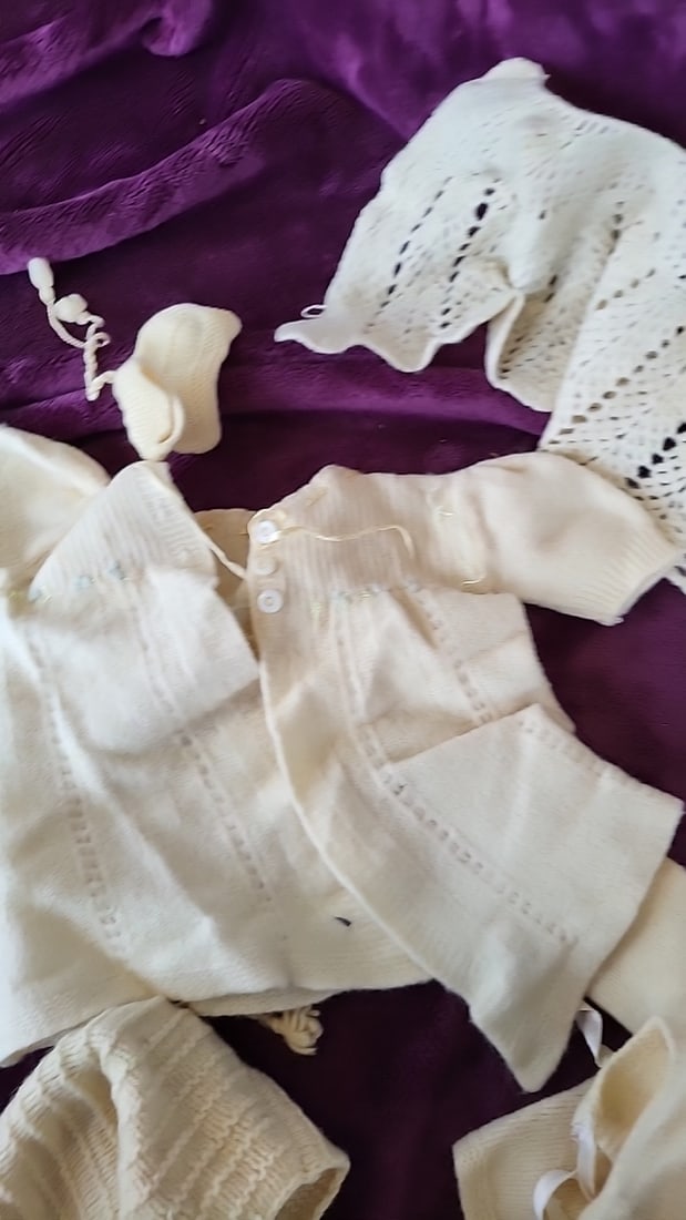 Cream Hand-Knitted Baby Clothes Lot, Cardigans, Bonnets, Booties & Blankets - 7