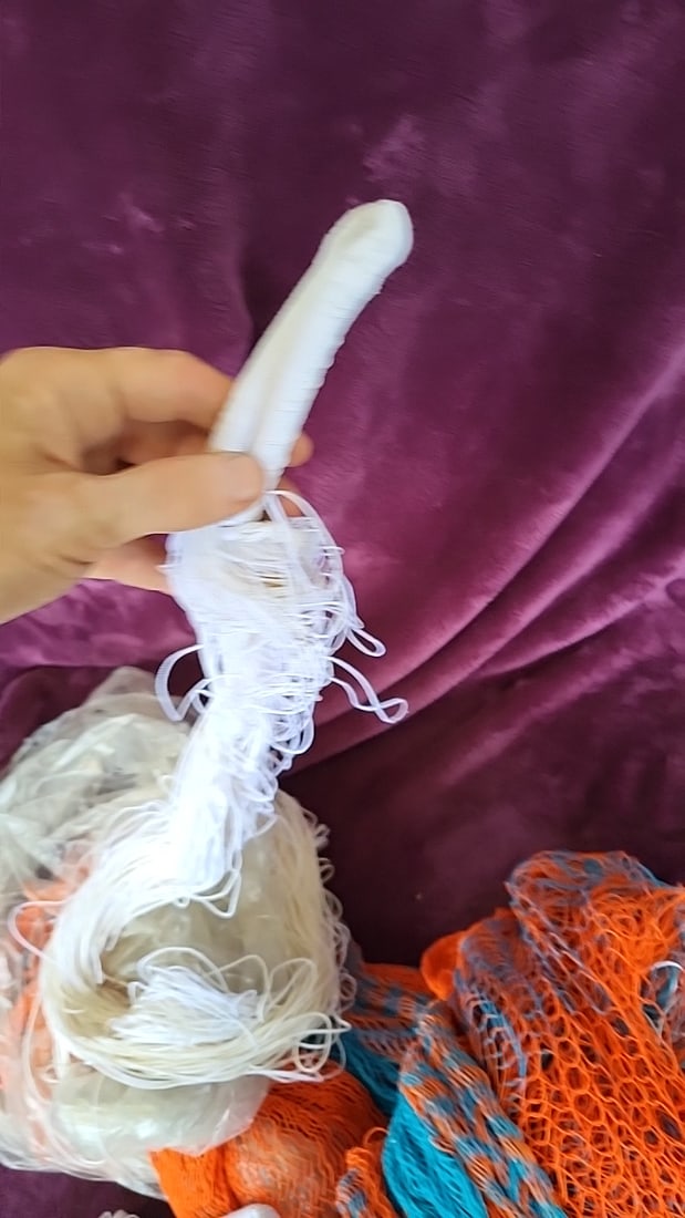 Orange Blue White Nylon Mesh Hammock with White Cord and Plastic Handles - 4