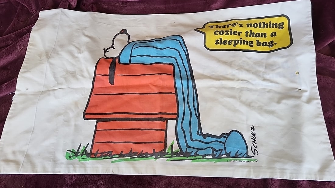 Peanuts Snoopy Linus Pillowcase Happiness Is a Thumb and Blanket Sleeping Bag: Rip see pics 30 x 20 x 0.2 0.3 lb Low Estimate: 15.00 High Estimate: 100.00