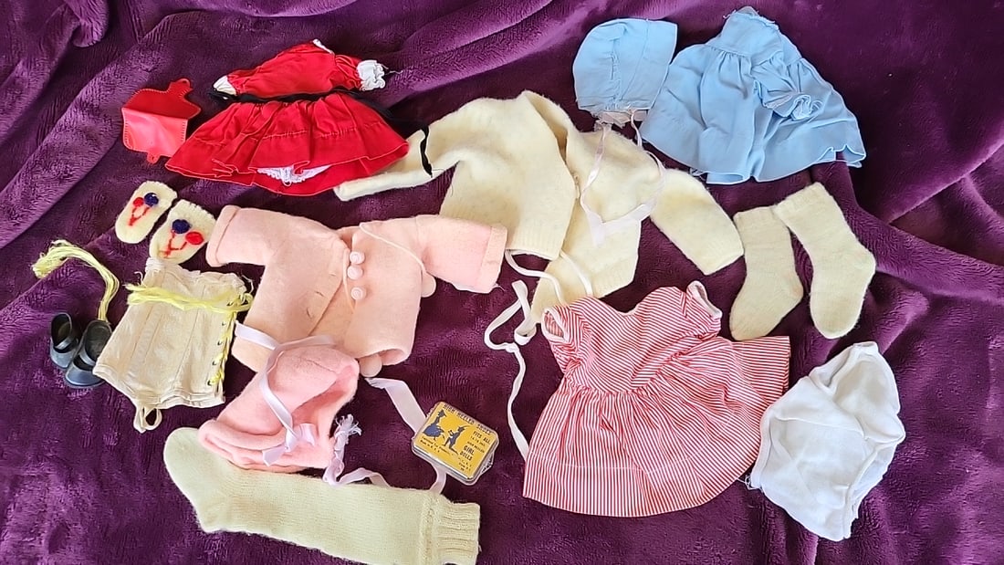 Doll Clothes Lot Dresses Sweaters Socks Shoes for 14-18 in High-Heeled Girl Dolls: 6x6x6 2 Low Estimate: 6.00 High Estimate: 35.00