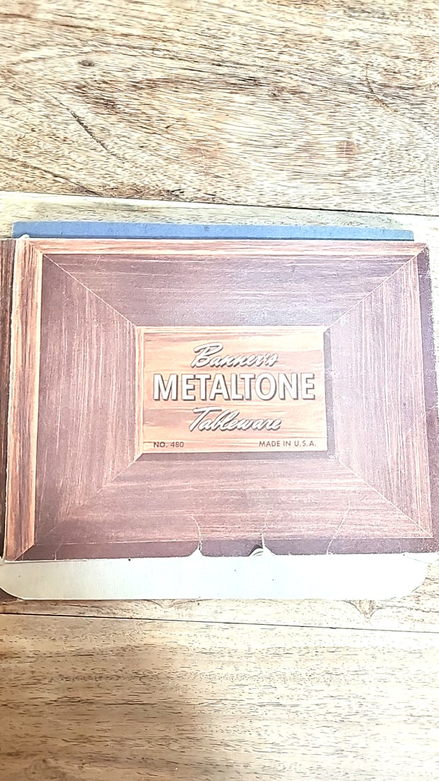 Banners Metaltone Tableware No. 480 Playset Flatware Set in Box: Missing one small spoon 12 x 8 x 1.5 2 lb Low Estimate: 10.00 High Estimate: 50.00